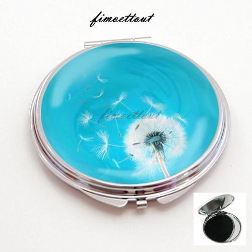 Miroir de poche cabochon resine pissenlit ,dandelion bleu 