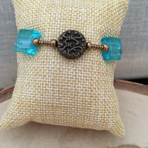 Bracelet réglable verre feuille d’argent carré aquamarine