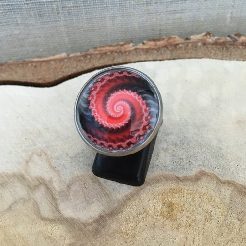 Bague réglable cabochon spirale rouge et noire