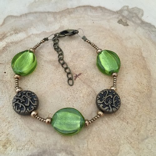 Bracelet réglable verre feuille d’argent vert olive et bronze
