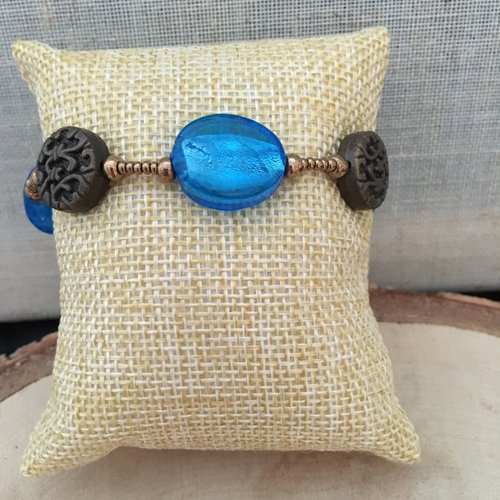 Bracelet réglable verre feuille d’argent bleu aquamarine foncé et bronze