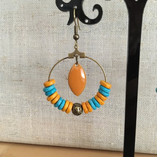 Créoles bronze et céramique moutarde et turquoise