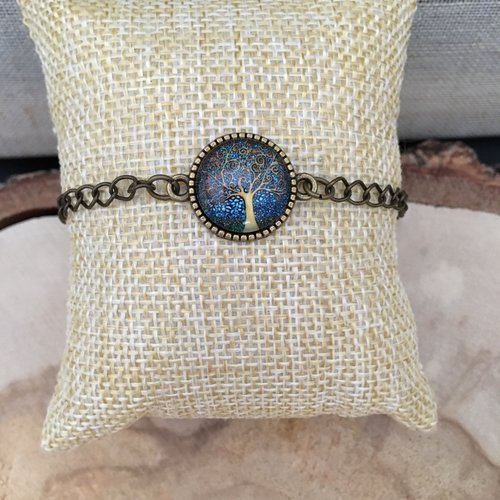 Petit bracelet réglable cabochon arbre moutarde et bleu
