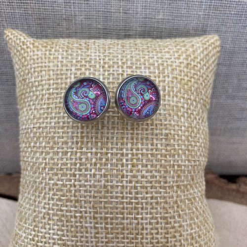 Boucles d’oreilles puces  cachemire violet et vert