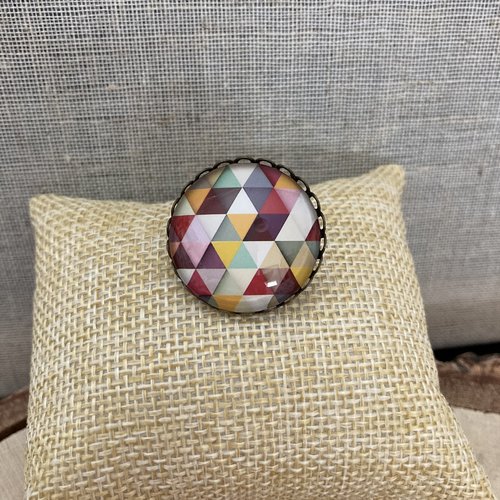 Broche cabochon bronze triangles multicolores