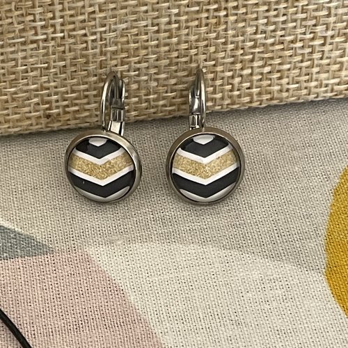 Boucles d’oreilles dormeuse noire, or et blanc