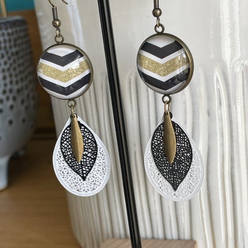 Boucles cabochon noir, blanc et or