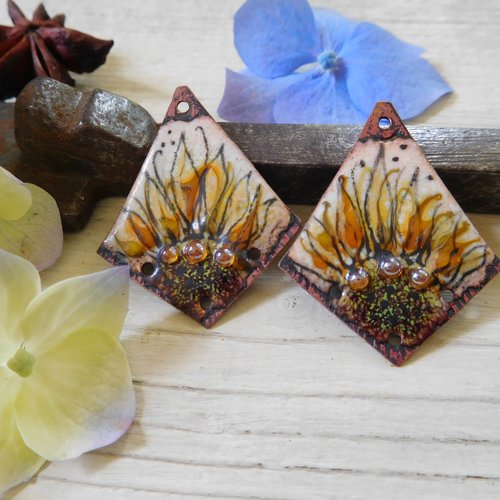 Breloques en cuivre émaillé, émaux sur cuivre, création artisanale.