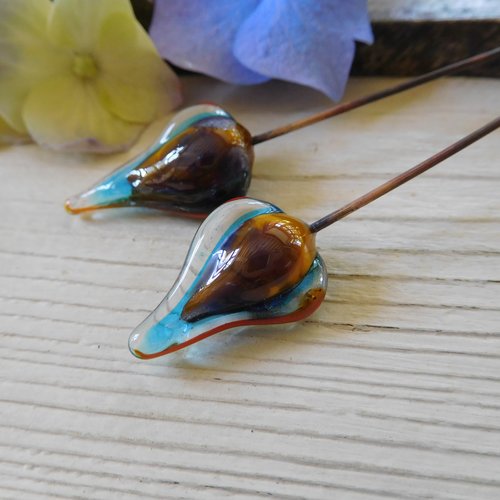Paire de perles en verre filé, lampwork headpins, création artisanale.