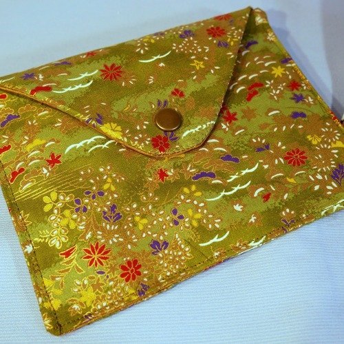Mini pochette zippée en tissu japonais vert à fleurs - Vert et Jaune