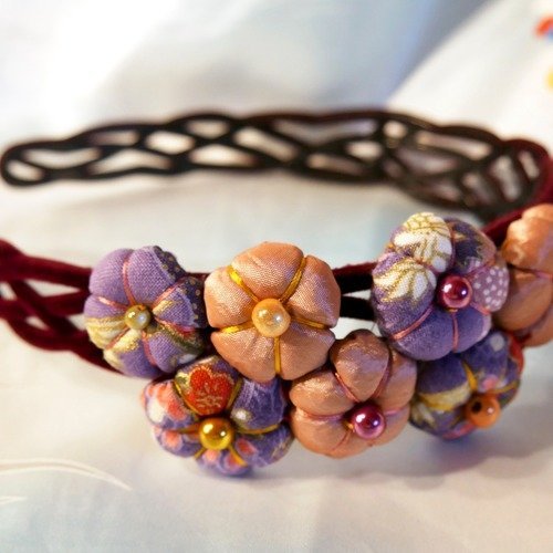 Serre-tête headband fleurs - violet rose - tsumami kanzashi