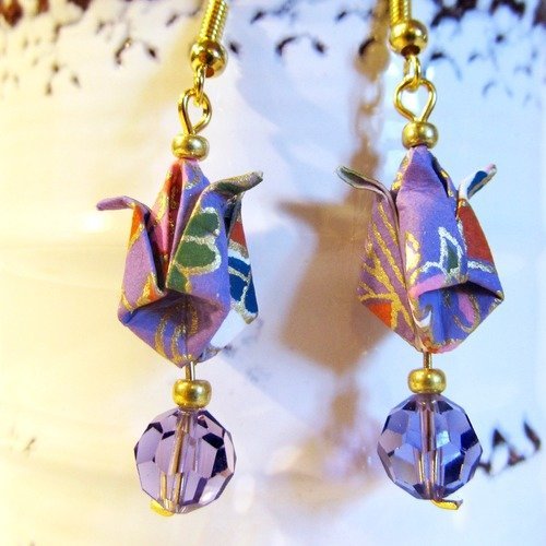 Origami boucles d'oreilles fleur violet orange perle cristal swarovski