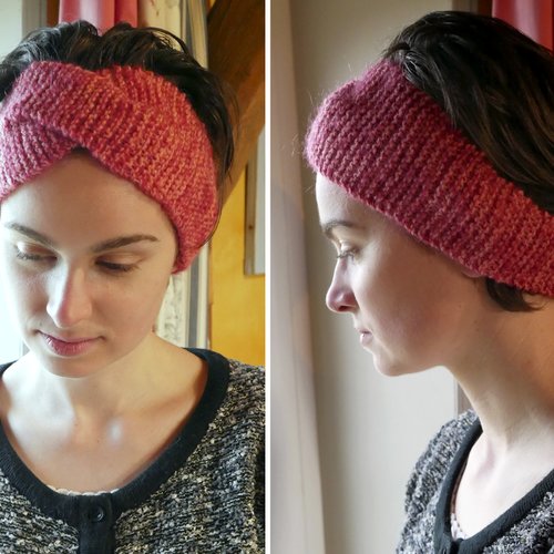 Bandeau headband cache -oreille femme en laine rose et doré perles fait  main