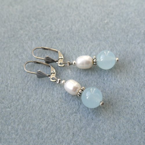Boucles d'oreilles pierre naturelle semi précieuse agate bleu et perle de culture eau douce