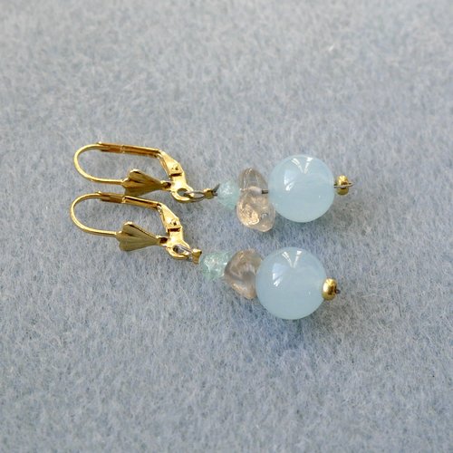 Boucles d'oreilles pierre naturelle semi précieuse agate bleu, quartz à rutile et aigue-marine