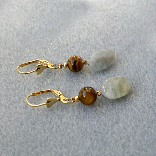 Boucles d'oreilles pierre naturelle semi précieuse quartz cerise et aigue-marine