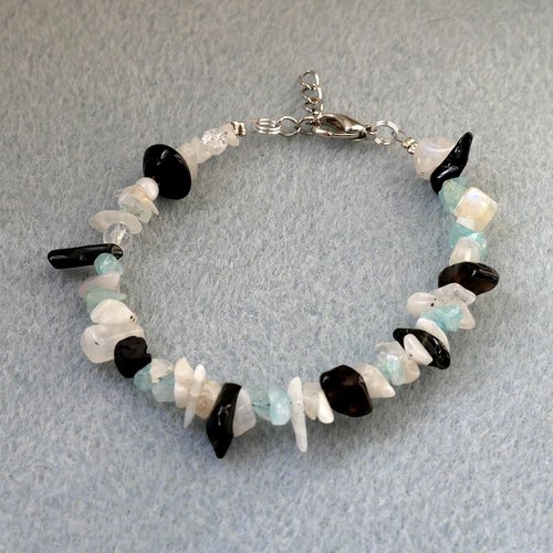 Bracelet pierre naturelle semi précieuse quartz fumé, pierre de lune et aigue marine teintée