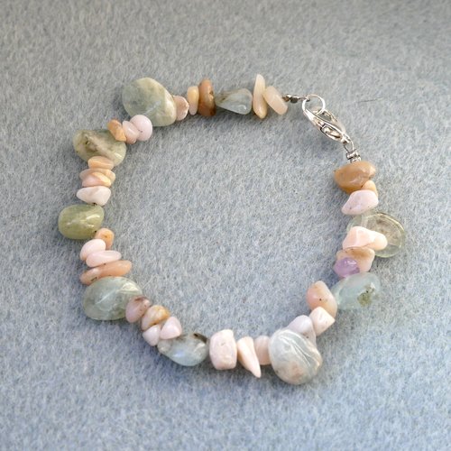 Bracelet pierre naturelle semi précieuse opale rose, aigue-marine et améthyste