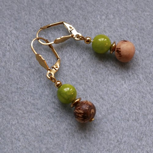 Boucles d'oreilles pierre naturelle semi précieuse jade vert citron et graine açaï
