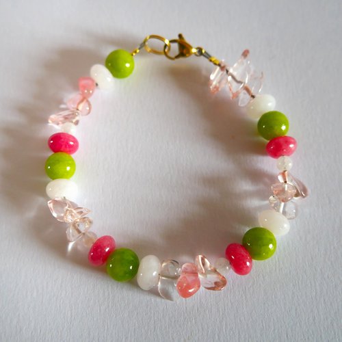 Bracelet pierre naturelle gemme semi précieuse calcédoine blanche et rose, quartz fraise, pierre de lune et jade citron vert
