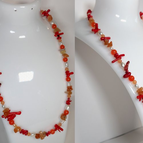 Collier, pierre naturelle semi précieuse corail perle d'eau douce, cornaline, aventurine orange