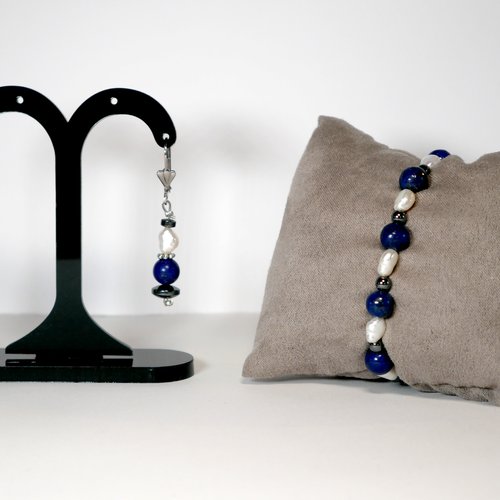 Parure, bracelet et boucles d'oreille, pierre naturelle semi précieuse hématite, lapis lazuli, perle d'eau douce