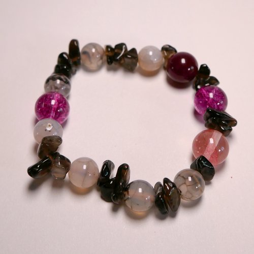 Bracelet pierre naturelle gemme semi précieuse, quartz fumé, agate veine de dragon, quartz cerise et tourmaline violette