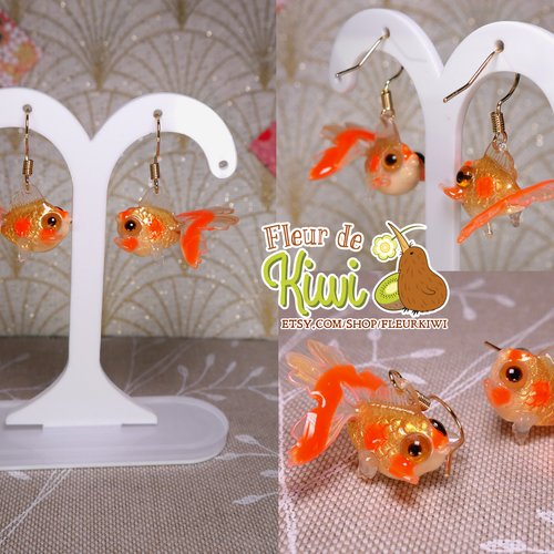 Boucles d'oreille bijoux carpe koï kohaku poisson porte-bonheur japonais orange