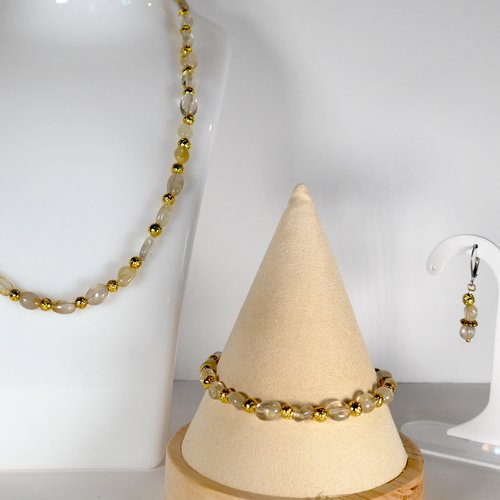 Parure, collier, bracelet et boucles d'oreille, pierre naturelle semi précieuse quartz à rutile