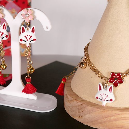 Bracelet + boucles d'oreille bijoux renard kitsune porte-bonheur japonais