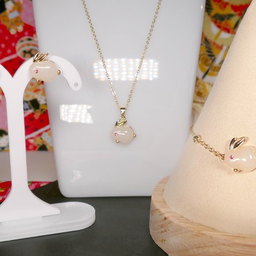 Parure pendentif boucles d'oreilles bracelet lapin blanc porte-bonheur japonais bijoux nouvel an chinois année du lièvre 2023