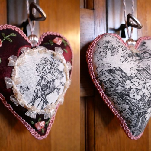 Cœur brodé deux faces décoration ameublement clé d'armoire porte clé porte meuble saint valentin noël cadeau pour elle