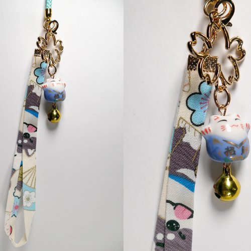Porte-clé dragonne chat porte-bonheur japonais maneki-neko couleur bleu lucky cat bijoux de sac breloque chance bonne fortune