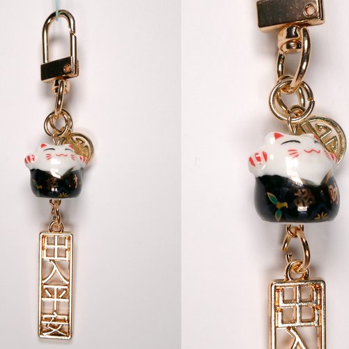 Porte-clé chat porte-bonheur japonais maneki-neko couleur noir lucky cat bijoux de sac breloque chance bonne fortune