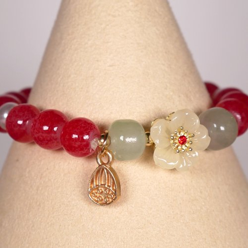 Bracelet élastique ou réglable en jade fleur de cerisier sakura porte-bonheur japonais couleur rouge bijoux nouvel an chinois