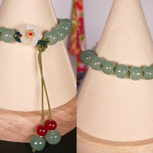 Bracelet élastique ou réglable en jade fleur de cerisier sakura porte-bonheur japonais couleur vert bijoux nouvel an chinois