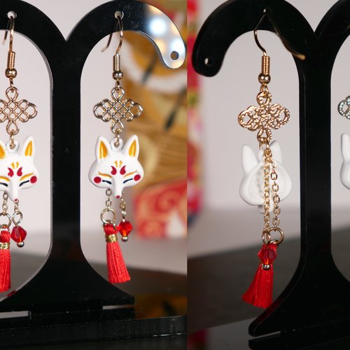 Boucles d'oreille bijoux renard kitsune porte-bonheur japonais