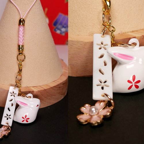 Porte-clé lapin sakura porte-bonheur du printemps japonais grelot blanc, bijoux de sac breloque chance bonne fortune