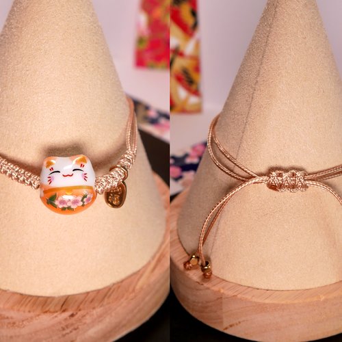 Bracelet cordon réglable chat porte-bonheur japonais maneki-neko couleur orange