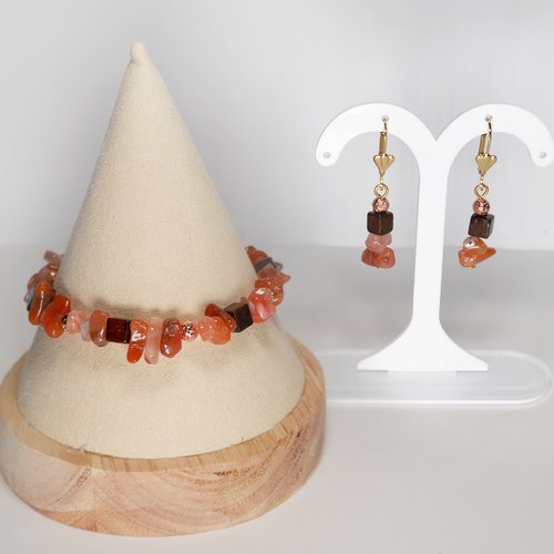 Parure, bracelet et boucles d'oreille, pierre naturelle semi précieuse cornaline, bois et perle de lave métallisée or rose