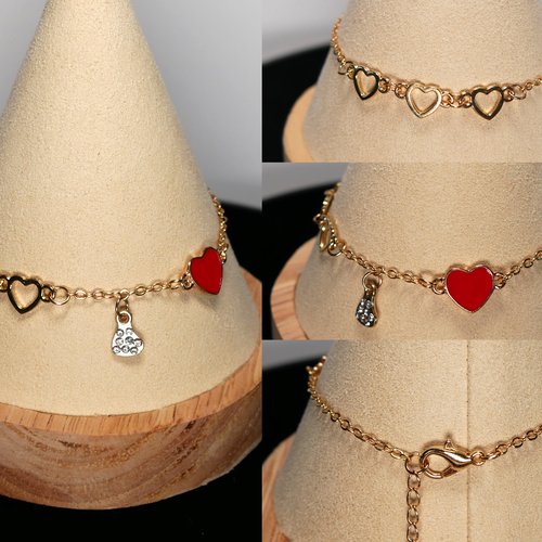 Bracelet cœur doré et strass, rouge, bijoux saint valentin, amour, idée cadeau, femme saint valentin, cœur,