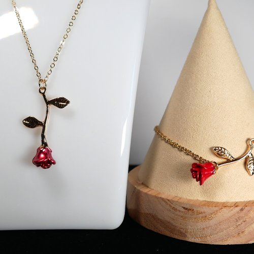 Bracelet et pendentif rose rouge coupée, rouge, bijoux saint valentin, amour, idée cadeau, femme saint valentin, cœur,