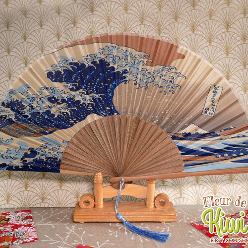 Éventail pliable vague hokusai, éventail japonais, décoration style japonais, accessoire canicule, été, cadeau anniversaire, mariage,