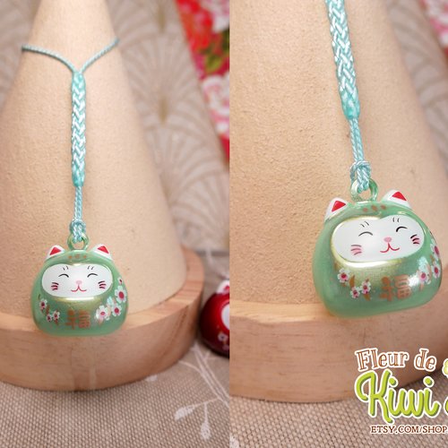 Porte-clé chat porte-bonheur japonais grelot vert lucky cat bijoux de sac breloque chance bonne fortune