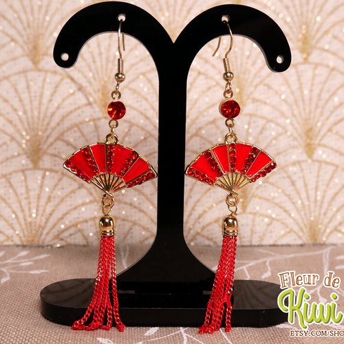 Bijoux japonais boucles d'oreilles, éventail rouge, idée cadeau nouvel an chinois, bijoux porte-bonheur, noël