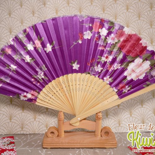 Éventail pliable japonais violet, soie et bambou, éventail élégant, accessoire été, chaleur, canicule, accessoire fête, mariage,
