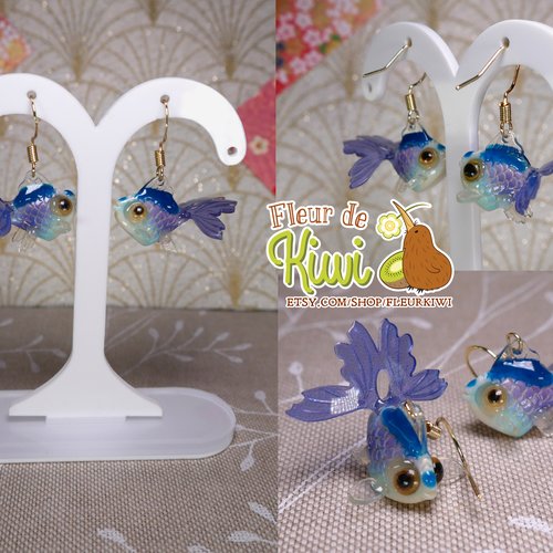 Boucles d'oreille poisson, bijoux carpe koï, kohaku, porte-bonheur japonais, bleu