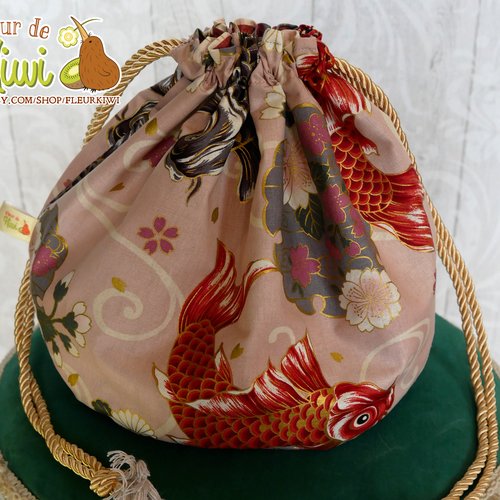 Pochon sac bourse - tissu japonais - carpe koï, orange, gris, rose, cadeau fête des mères