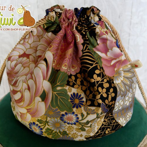 Pochon sac bourse - tissu japonais - fleur, chrysanthèmes, rose, doré, noir, cadeau fête des mères