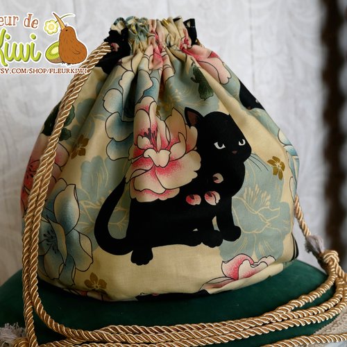 Pochon sac bourse - tissu japonais - chat noir, fleurs, rose, doré, noir, cadeau fête des mères